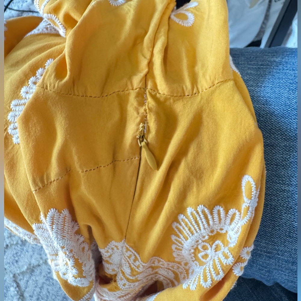 Yellow Boho Mini Dress Embroidered Lace Trim Cottagecore Summer Size 4 - Picture 5 of 7